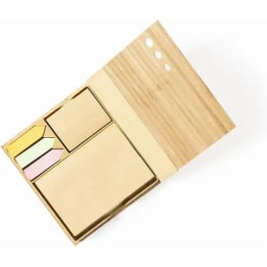 A bamboo sticky notes and flags set featuring yellow, pink, and brown notes in various sizes. Includes a branded logo.