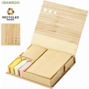 A bamboo stationery set featuring sticky notes in assorted colours and a recycled paper notepad, displayed in an open case.