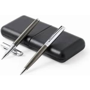 A set of two metallic pens in a sleek black case. The pens feature a textured grip and silver accents.