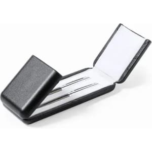 A sewing needle set in a black case, featuring multiple needles inside. The case is partially open.