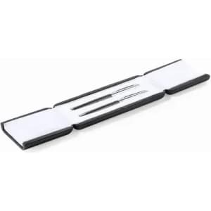 A set of three silver pens presented in a black and white case, featuring a simple, elegant design.