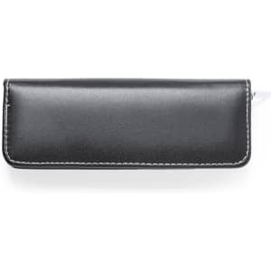 A black pencil case with a smooth finish and white stitching along the edges. It features a zip closure.