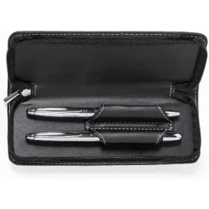 A black pen case containing two silver pens, with decorative stitching along the edges.