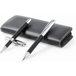 A black leather pen case with two pens; one is a ballpoint and the other a rollerball, both with silver accents.