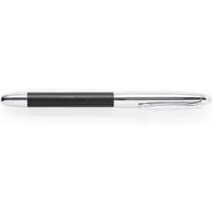A pen with a sleek silver body and a textured black grip, featuring a clip for attachment.