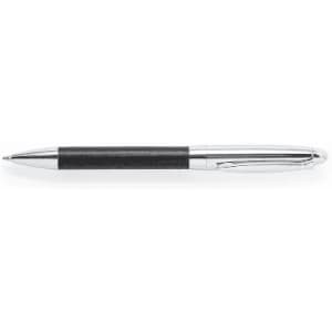A black pen with a silver barrel and clip, featuring a textured grip for comfort.