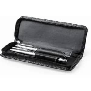 A pen set in a black zippered case, featuring three silver pens with varying designs.