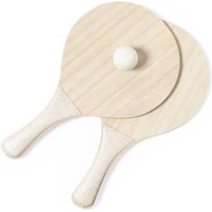 A pair of wooden paddle bat games with a white ball, featuring light wood finishes and textured handles.
