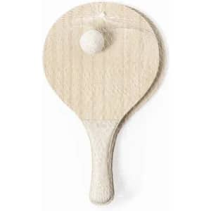 A wooden paddle with a small white ball on it, featuring a smooth texture and rounded shape.