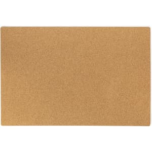 A corkboard in a rectangular shape with a light brown, textured surface. It features no text or images.
