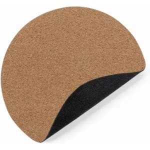 A cork mouse pad with a curved edge and a black bottom surface. It has a natural cork finish.