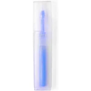 A drink bottle in a translucent light blue casing, featuring a slim design and a push-button lid.