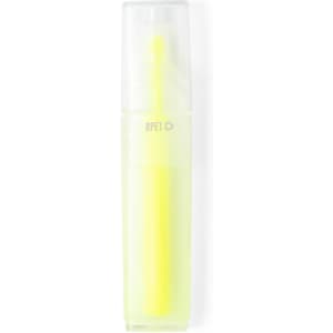 A drink bottle in a translucent yellow design with a clear cap and a branding logo.