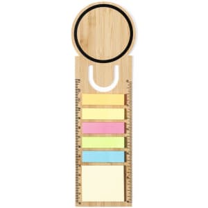 A bamboo ruler with a circular holder at the top and colourful sticky notes in yellow, pink, and blue.