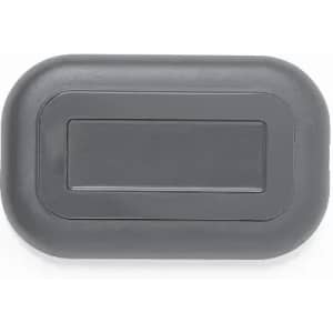 A grey rectangular product with rounded edges, featuring a recessed area on the surface, and has a simplistic design.