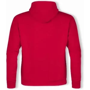 A red hoodie featuring a hood and long sleeves, displayed from the back. It has a logo on the garment.