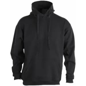 A black hoodie with a front pocket and adjustable drawstrings on the hood. It has a plain design and loose fit.