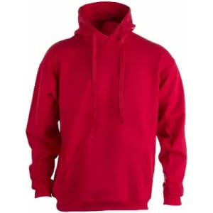 A red hoodie with a kangaroo pocket and adjustable drawstrings on the hood. Features a plain design.