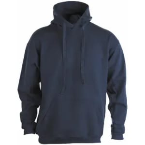 A navy blue hoodie featuring a drawstring hood and a front pocket. It has a logo on the chest.