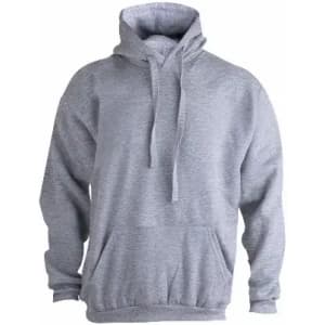 A grey hoodie with a kangaroo pocket and a drawstring hood. The fabric appears soft and comfortable.