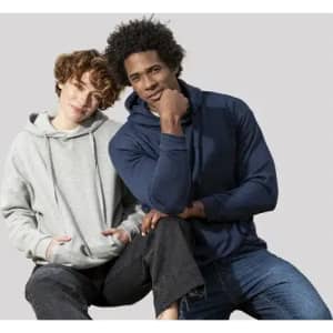 Two models wearing hoodies, one in grey and the other in navy blue, posed against a light grey background.