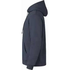 A navy hoodie with a front pocket and drawstring hood. The image features a side view showcasing its design.