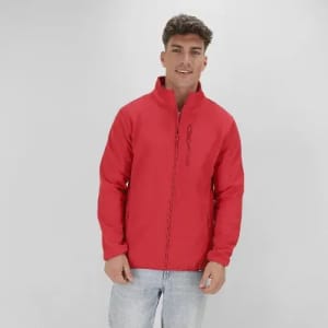 A red soft shell jacket with a zip front, featuring a logo, worn by a model against a plain background.