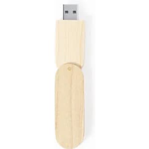 A wooden USB flash drive with a simple design. It is light in colour and has a USB connector.