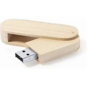 A wooden USB flash drive with a light wood finish, partially open to reveal the USB connector. It has a logo.
