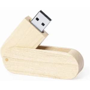 A wooden USB drive with a light wood finish, partially inserted into its casing. It features a logo.