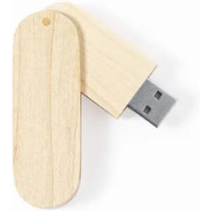 A wooden USB flash drive with a silver connector, featuring a simple, natural design. It has a logo on the surface.