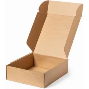 A brown cardboard box, open and empty, featuring a foldable lid. No text or branding visible.