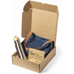 A drink bottle in a gift box, accompanied by a denim bag and promotional materials, featuring a logo. The bottle is silver.