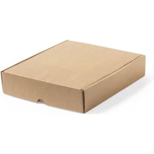 A cardboard box, featuring a plain brown exterior with a flip-top lid and a front notch for opening.