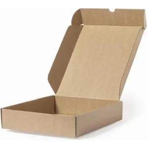 A cardboard box, open and empty, featuring a utilitarian design with a light brown colour.