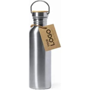 A drink bottle with a stainless steel finish and a handle, featuring a tag and a logo.