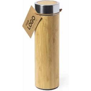 A drink bottle made of bamboo with a silver top and a tag attached, featuring a logo.