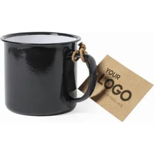 A drink bottle in black with a white interior, featuring a handle and a tag. It also has a logo on the side.