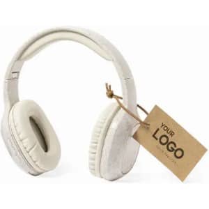 A set of white headphones with a tag. The headphones feature a curved headband and cushioned ear pads.