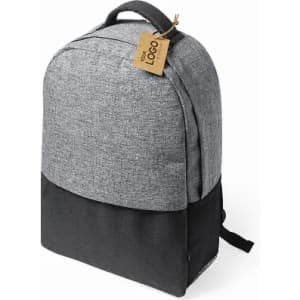 A backpack with a grey fabric top and black base, featuring a tag and a logo.