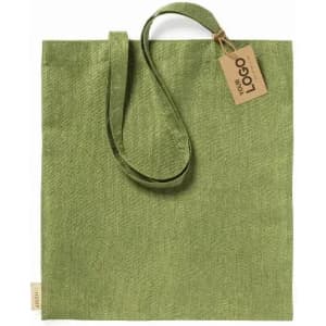 A green tote bag with a textured finish and a logo tag attached to the handle.