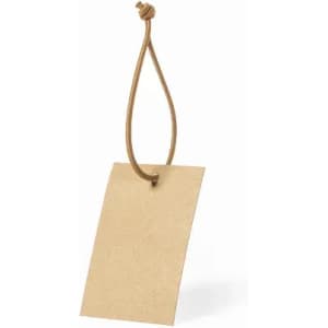 A gift tag in a natural brown colour, hanging from a knotted string. No branding visible.