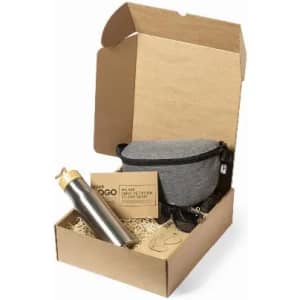 A drink bottle in a grey and silver design, packaged with a grey pouch, and placed inside a brown cardboard box.