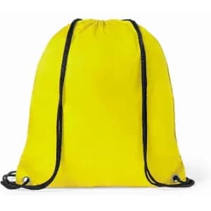 A drawstring backpack in bright yellow with black straps. Features a simple, unembellished design.