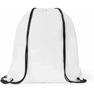 A drawstring backpack in white with black straps. It features a simple design and a logo.