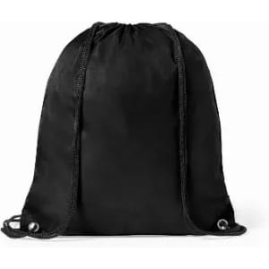 A black drawstring bag featuring two cords and eyelets for easy carrying. It has a simple, minimalist design.