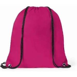 A drawstring backpack in vibrant pink with black cords. The bag features eyelets for the straps.