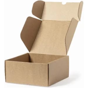 A brown cardboard box with an open lid, featuring flaps that extend upwards. It has no branding or text.