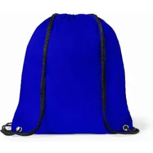 A drawstring bag in vibrant blue with black cords and silver eyelets. It features a logo on the front.