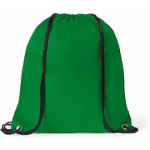 A green drawstring backpack featuring black cords and metal eyelets, designed for casual use.